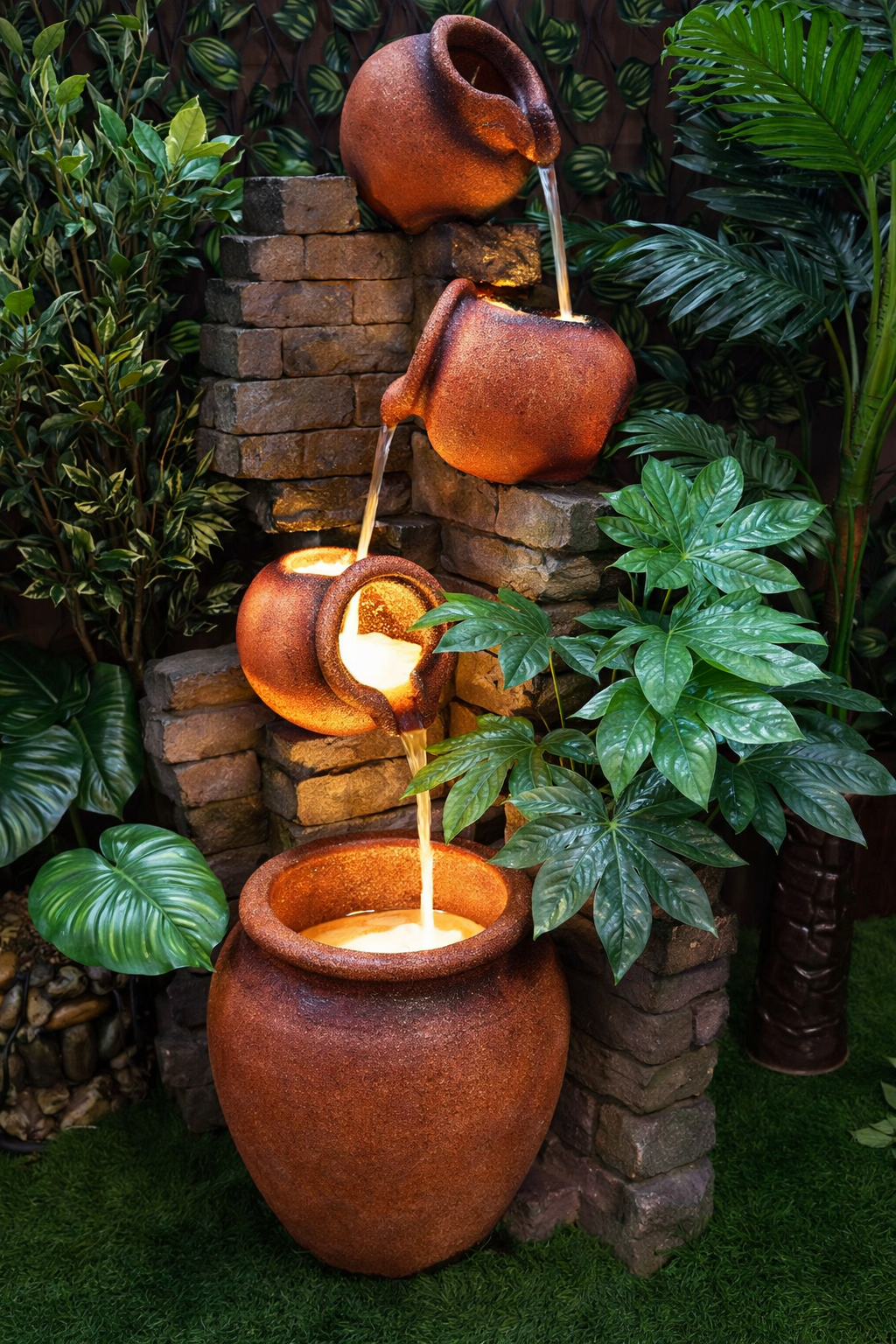 Brick Wall Matka Cascade LED Floor Water Fountain