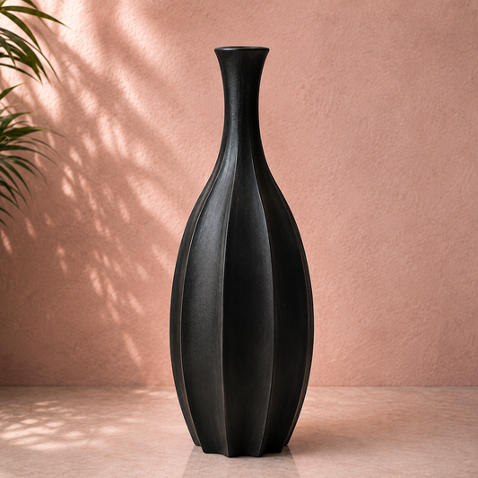 Tall Black Ribbed Decorative Vase