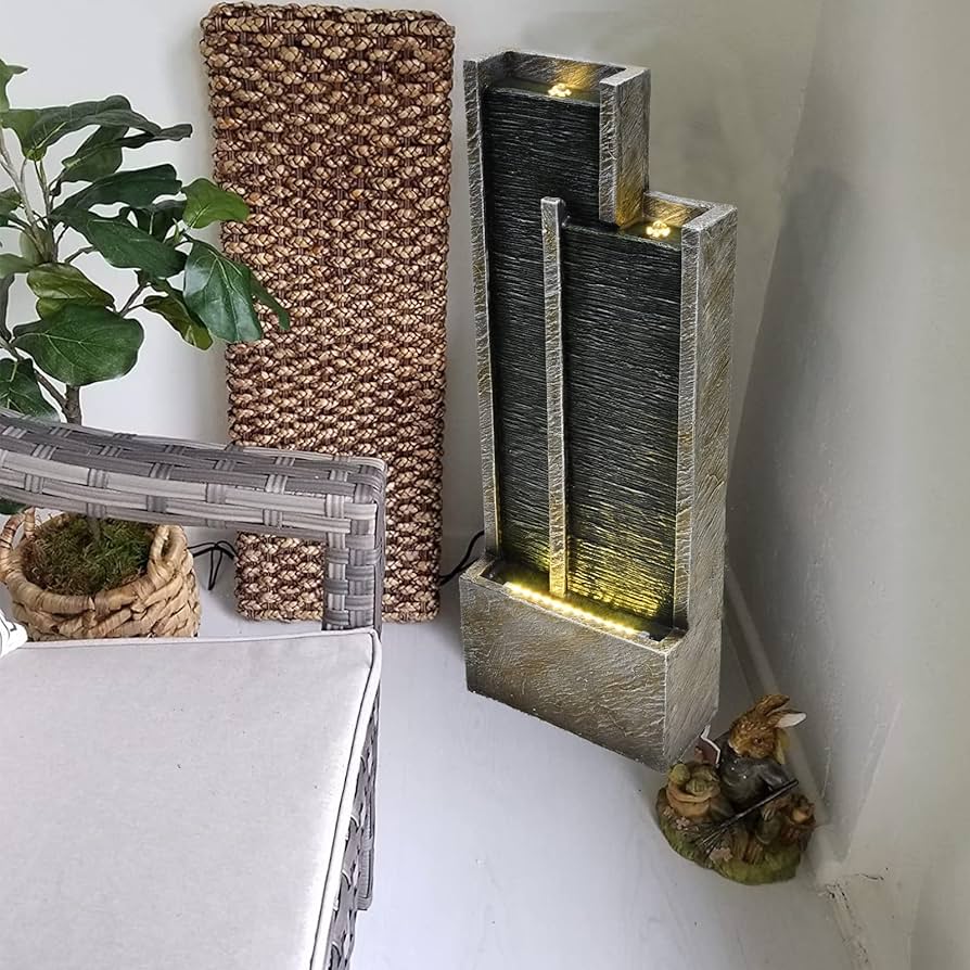 Modern Two Slate Water Fountain with LED Lights