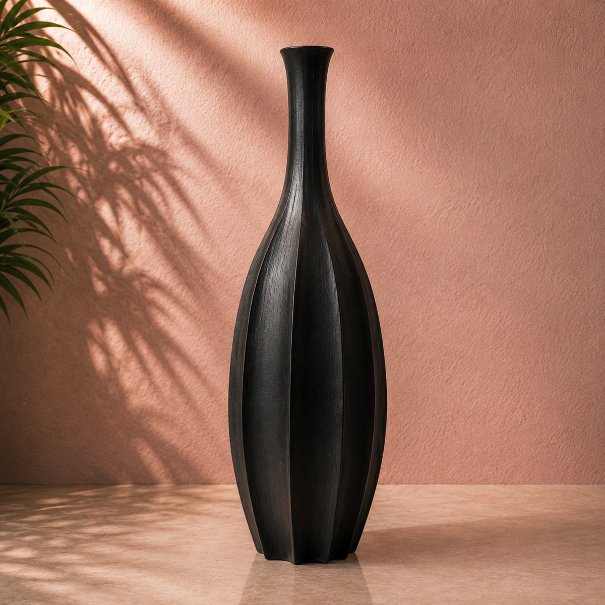 Tall Black Ribbed Decorative Vase