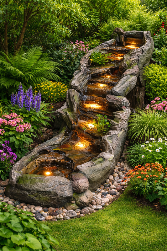 Long Multi Tier Rock Waterfall Fountain