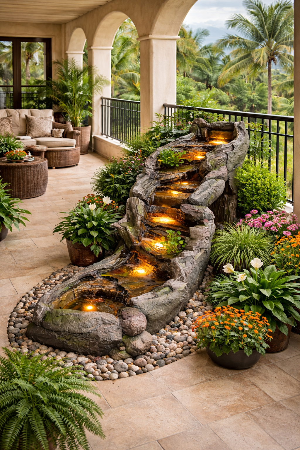 Long Multi Tier Rock Waterfall Fountain