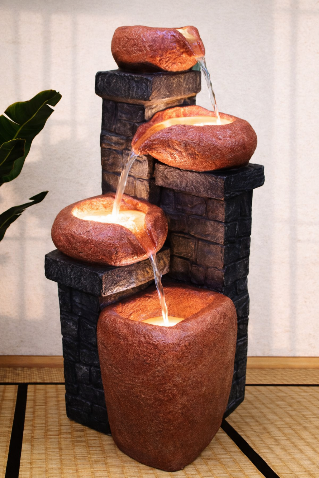 Brick Matka Cascade LED Floor Water Fountain