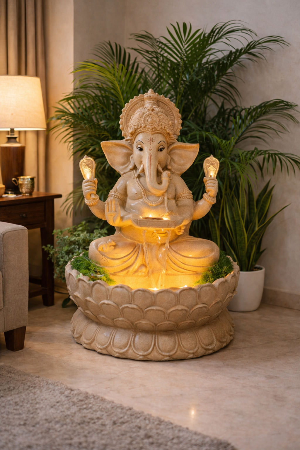 Ganesh Lotus Bowl Water Fountain with LED Lights