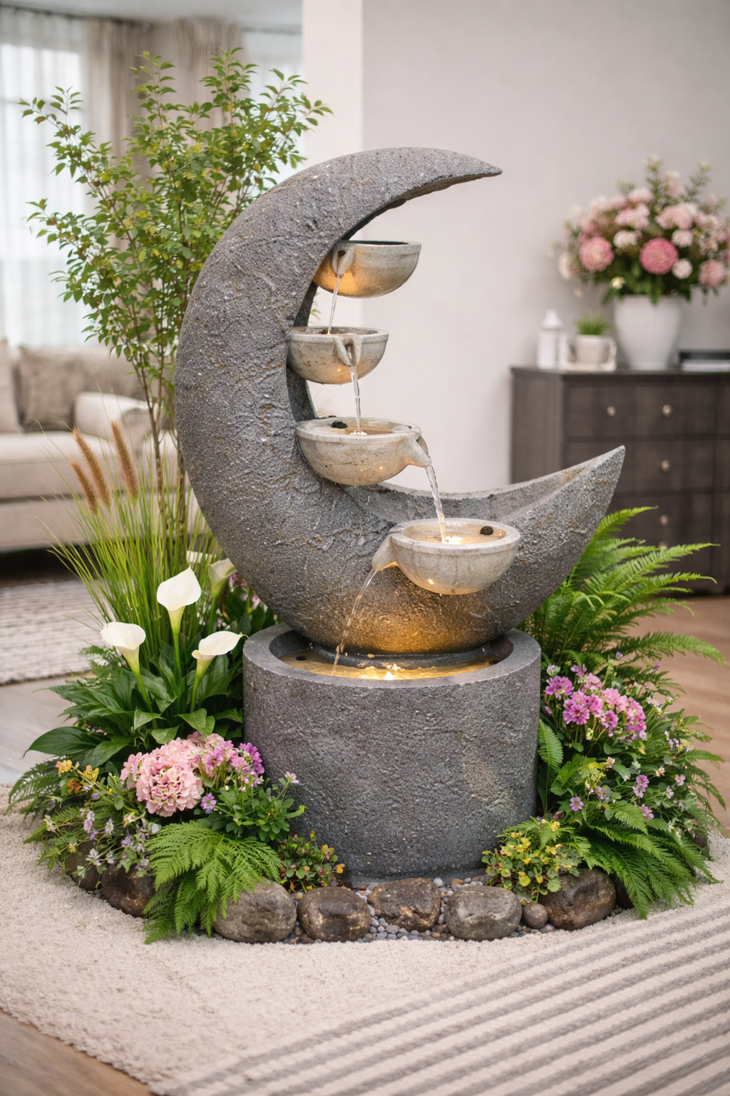 Moon Shape Cascading Water Fountain with LED Lights
