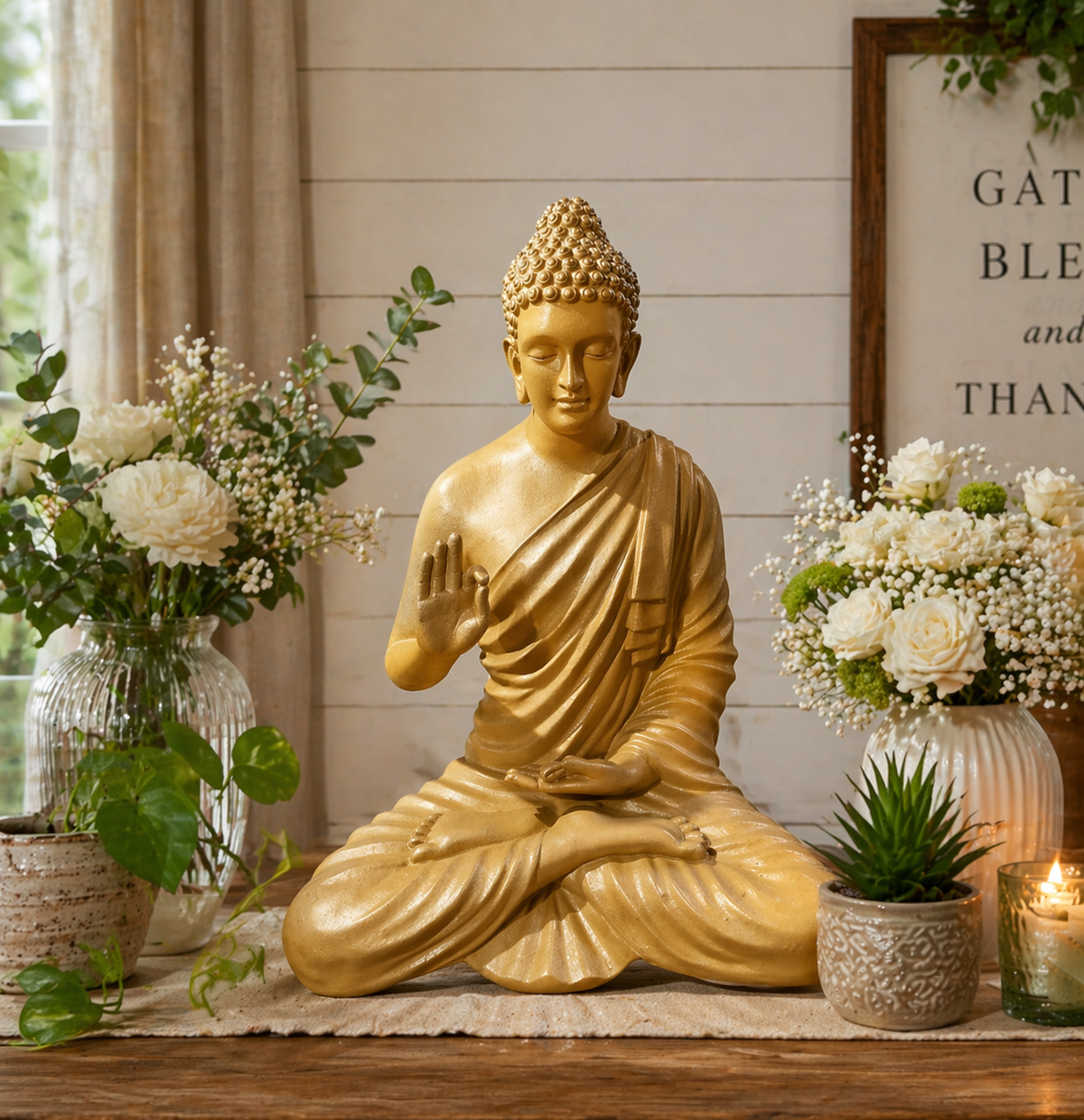 Golden Meditating Buddha Statue Floor Fountain