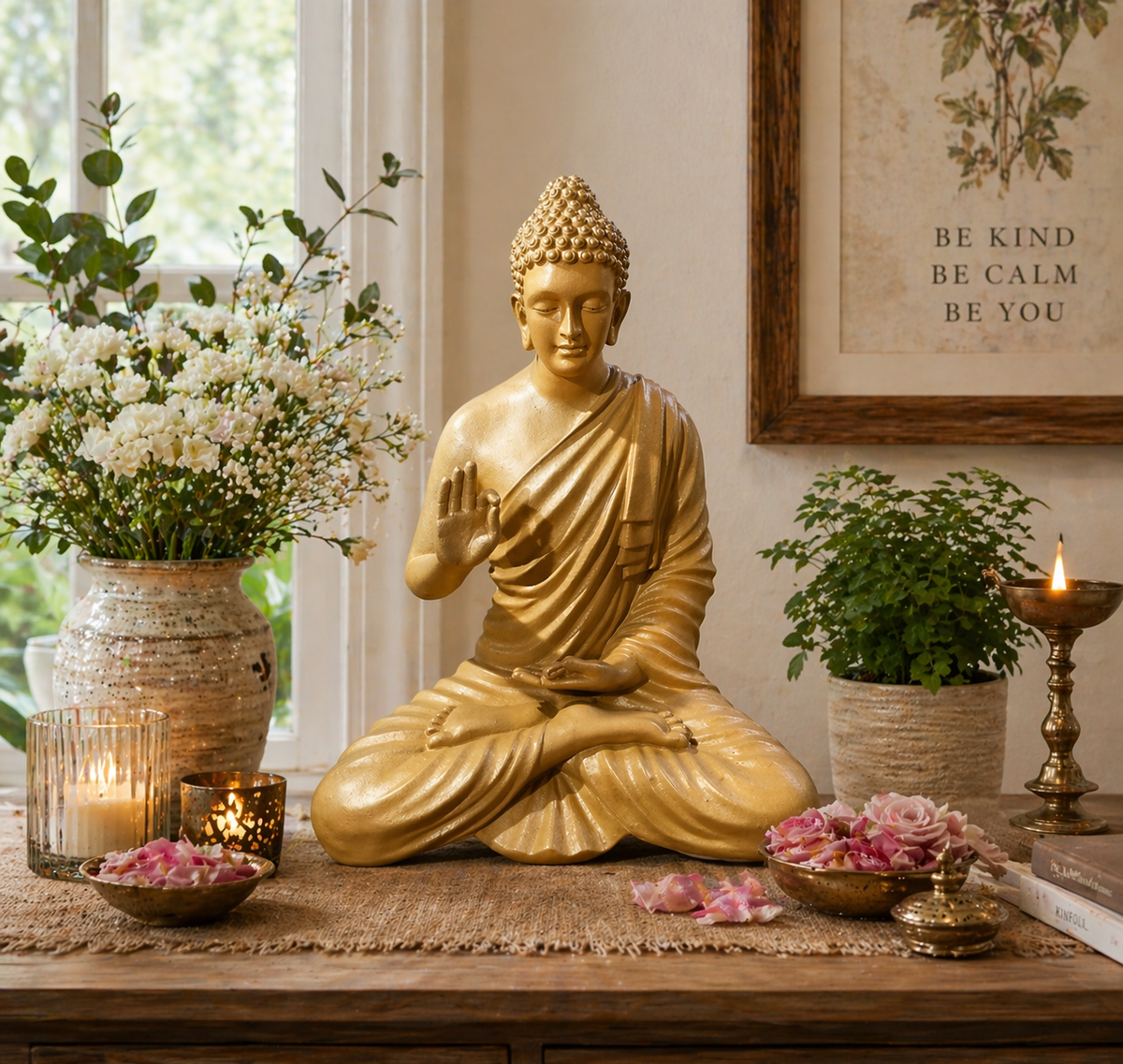 Golden Meditating Buddha Statue Floor Fountain