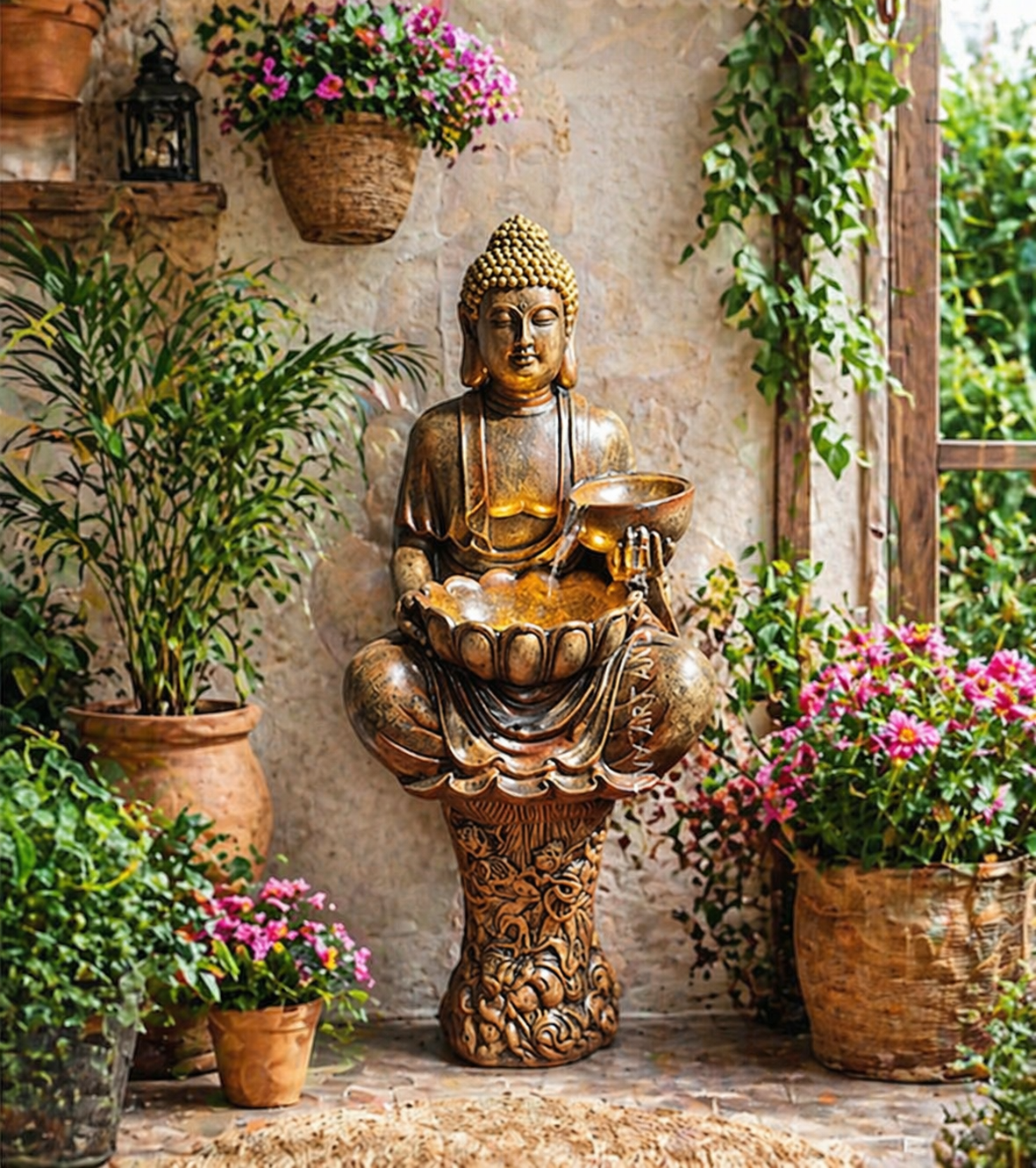 Double Bowl Buddha LED Floor Water Fountain
