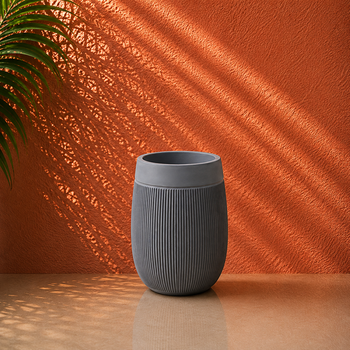 Dark Grey Ribbed Round Planter Pot