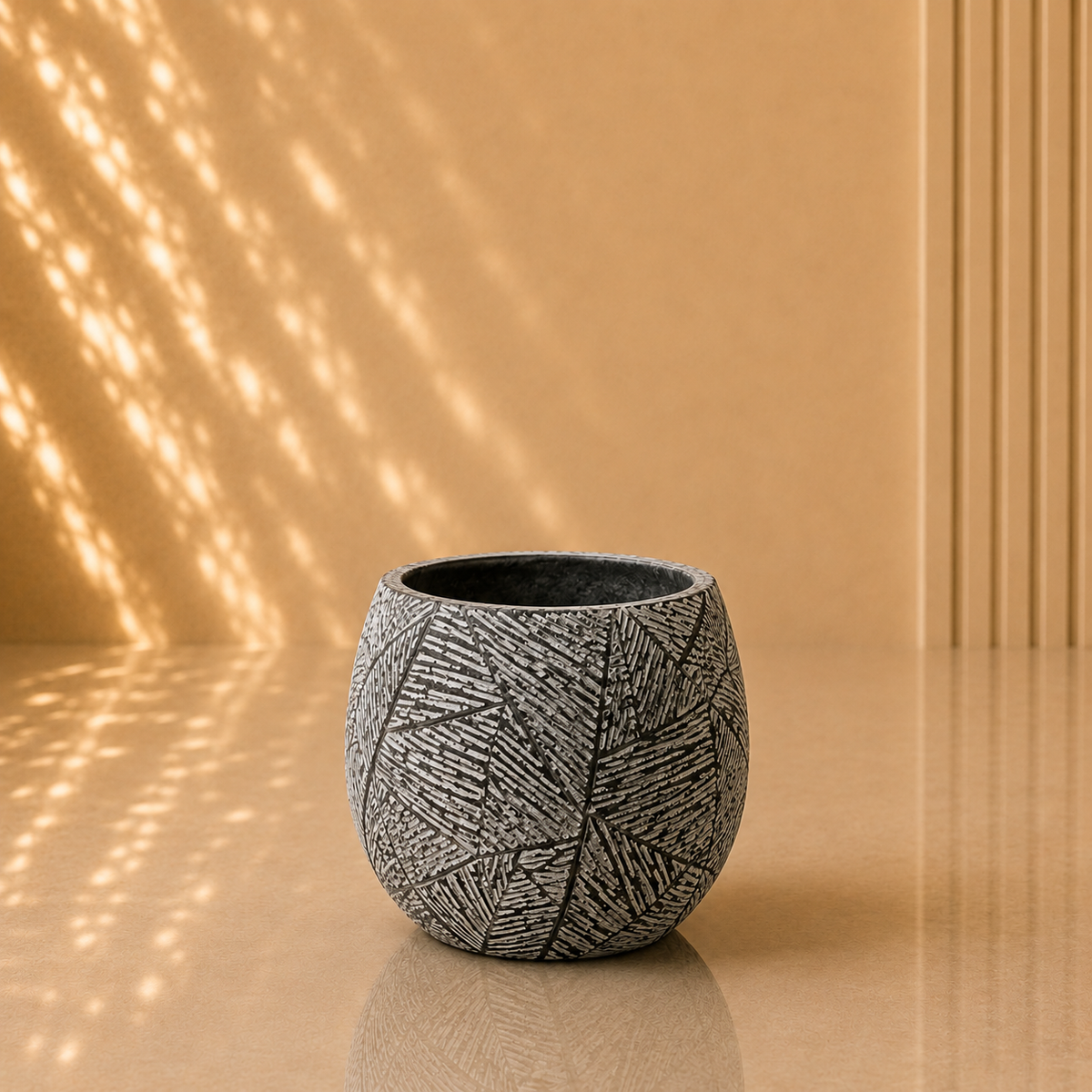 Dark Grey Textured Leaf Pattern Planter Pot