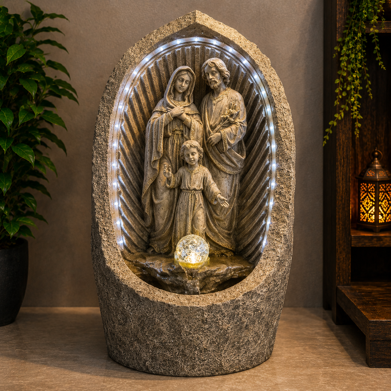 Holy Family LED Water Fountain With Stone Finish