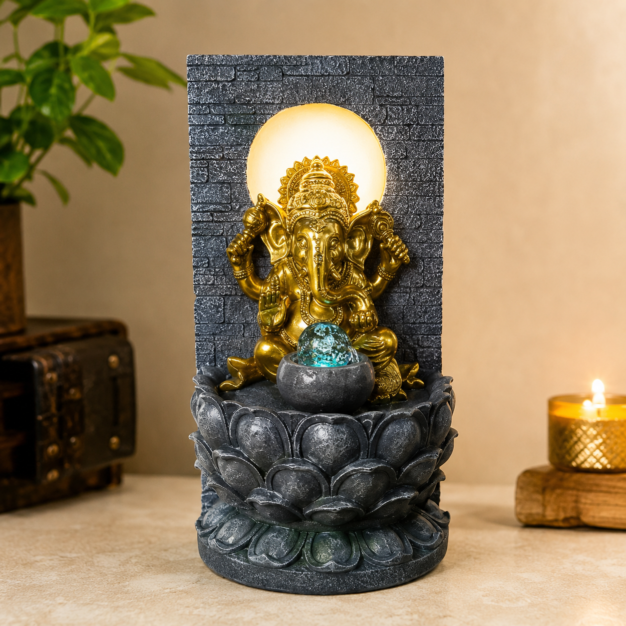 Mini Ganesha Lotus Water Fountain With LED