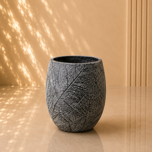 Dark Grey Textured Leaf Pattern Planter Pot