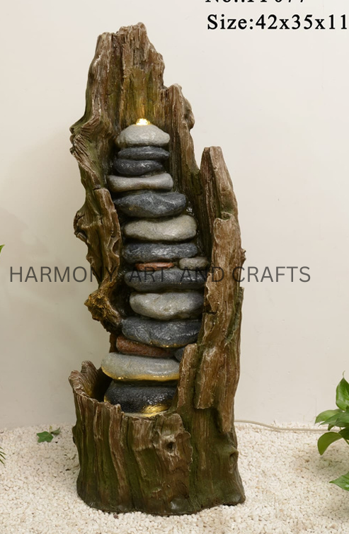 Stacked Stone Tree Trunk Water Fountain with LED Lights