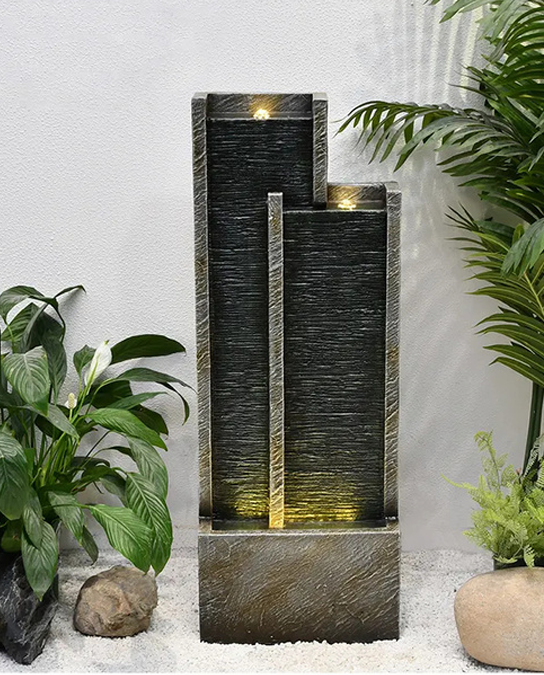 Modern Two Slate Water Fountain with LED Lights