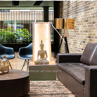 Curve Slate Buddha Floor Fountain With LED Light Small