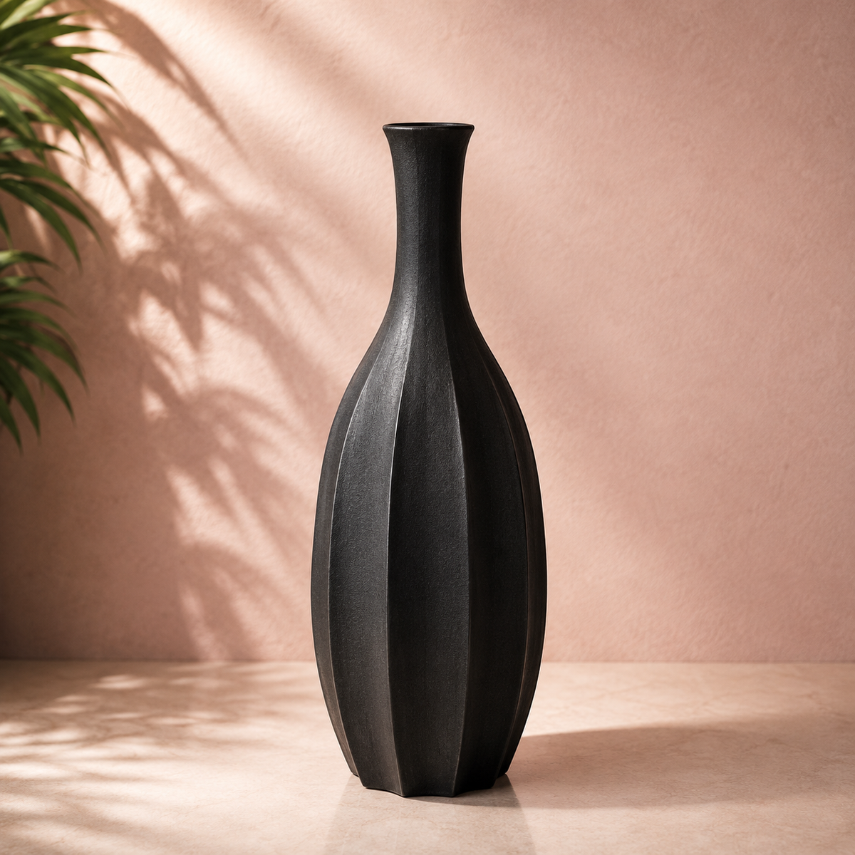 Tall Black Ribbed Decorative Vase