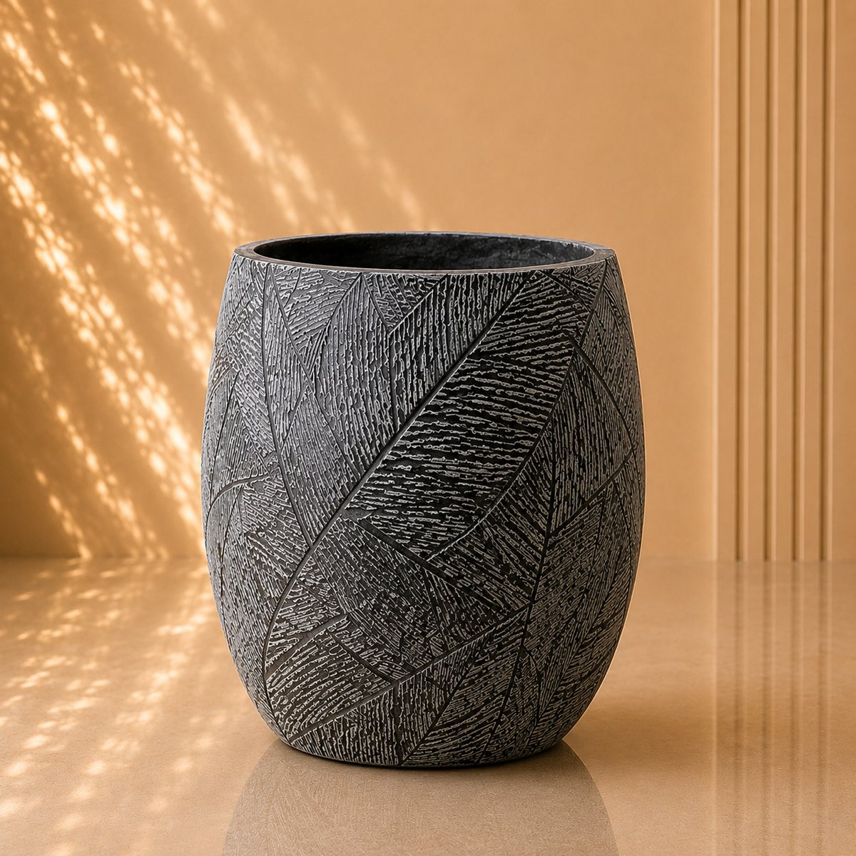 Dark Grey Textured Leaf Pattern Planter Pot