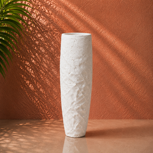 Textured White Carved Tall Planter Pot