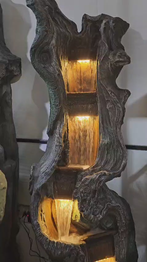 Carved Tree Trunk Water Fountain with LED Lights